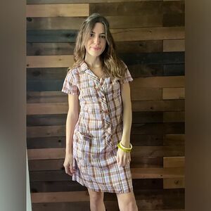 Vintage 70s Plaid Purple House Dress - Button Front, Retro Style